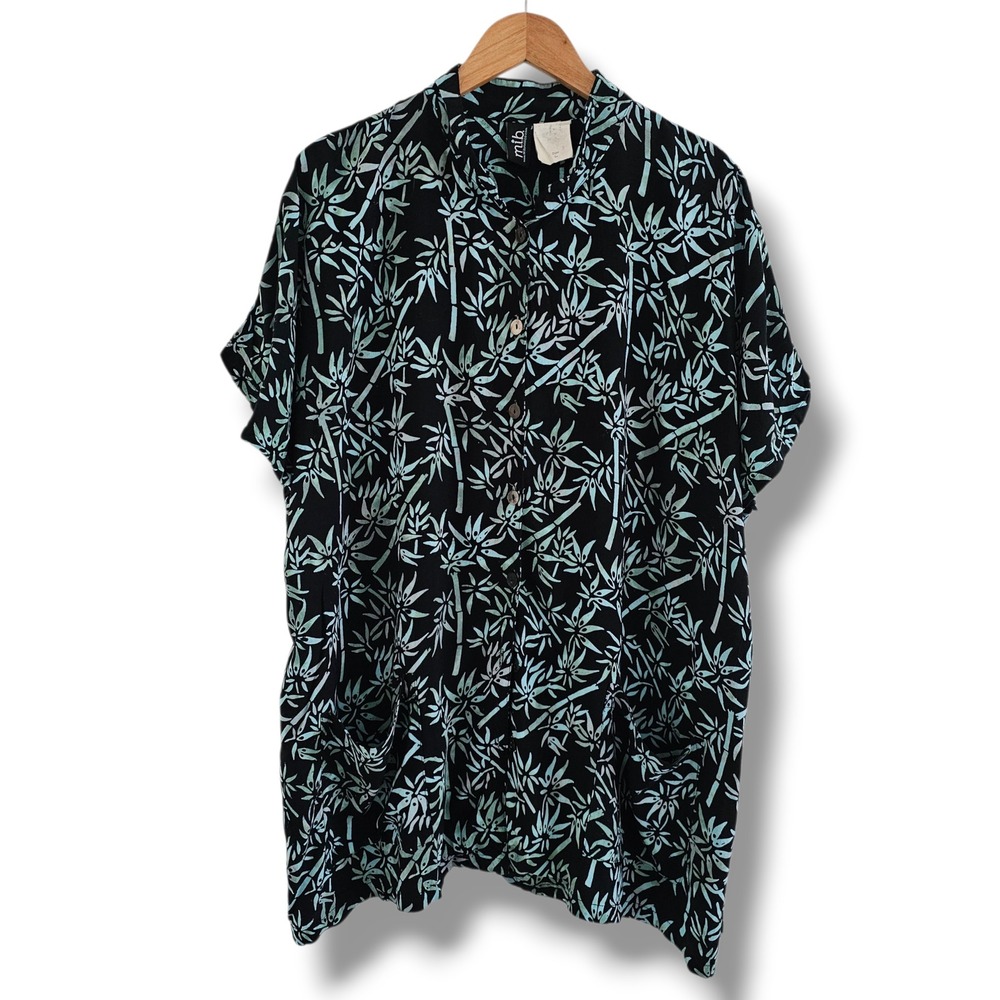 m.i.b. Button Up Shirt 3X Womens Black Bamboo Print Short Sleeve Pocket Vacation